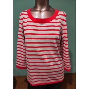 August Silk 3/4 Sleeve Striped Stretch Knit Top with Scoop Neck, Orng, Tan, Sz L